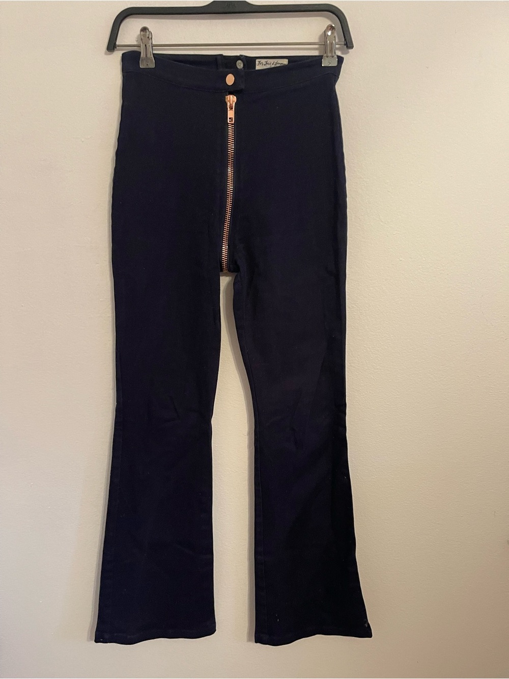 For Love & Lemons Black High-Rise Flare Pants with Gold Zip. Size Small